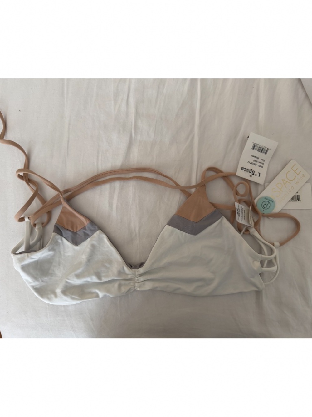 L*SPACE Reversible Bikini Top M White Gray Tan NWT Triangle Tie